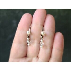 925 Sterling Silver Faux Pearl & Rhinestone Dangling Leverback Earrings Vintage